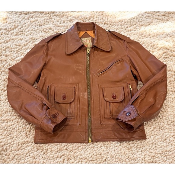 Vtg Mens Scotts Grey Aviator Style Leather Jacket Size 38 Cinnamon Brown 1980s